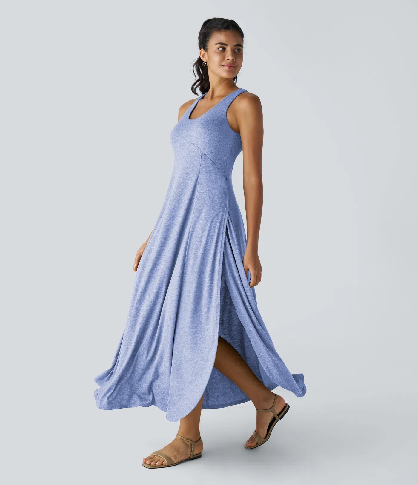 U Neck Backless Split Flowy Maxi Casual Tank Dress