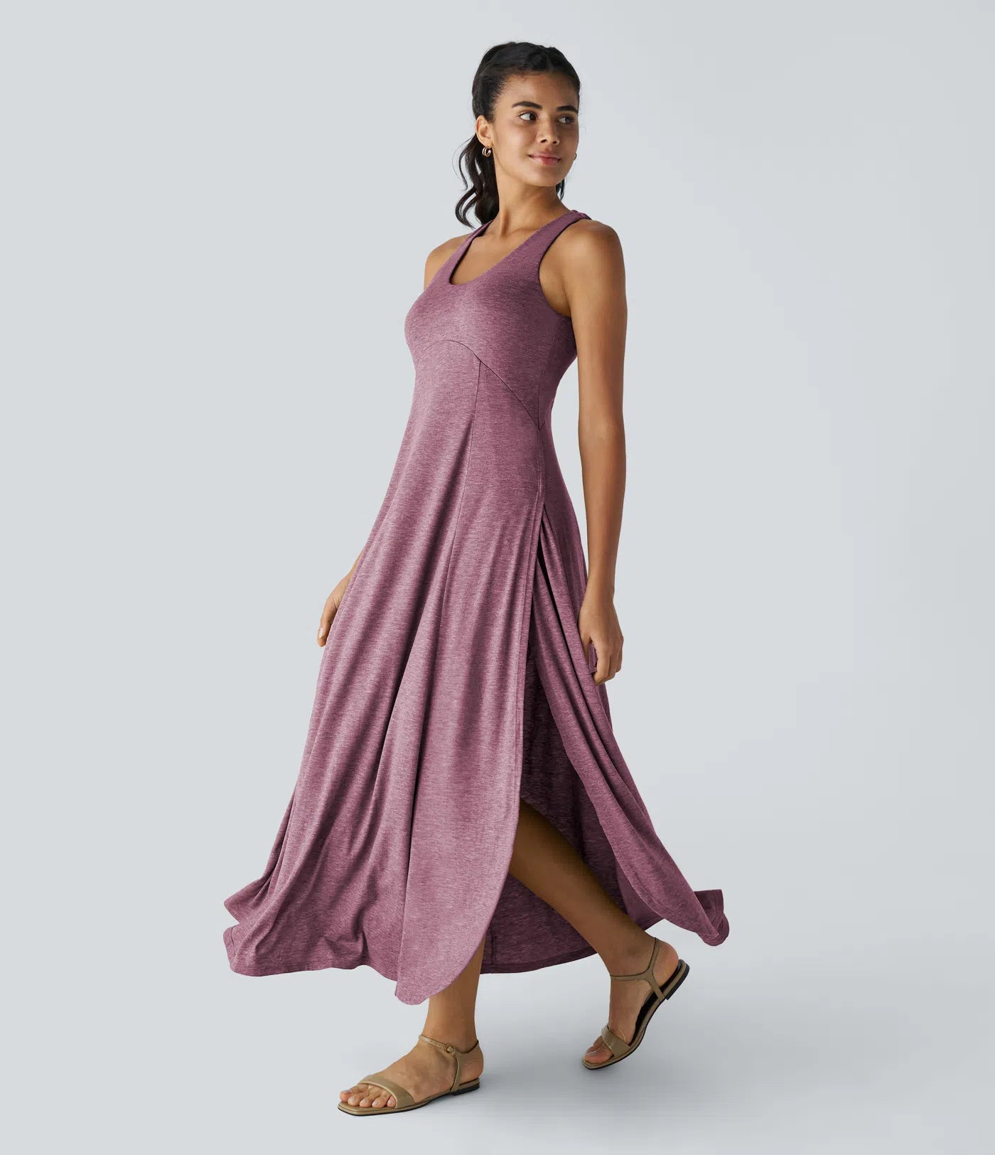 U Neck Backless Split Flowy Maxi Casual Tank Dress