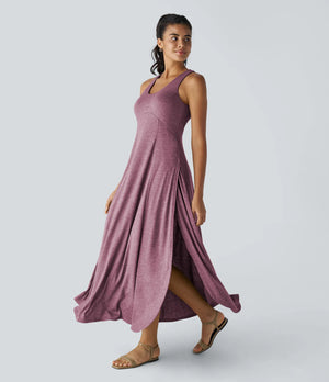 U Neck Backless Split Flowy Maxi Casual Tank Dress