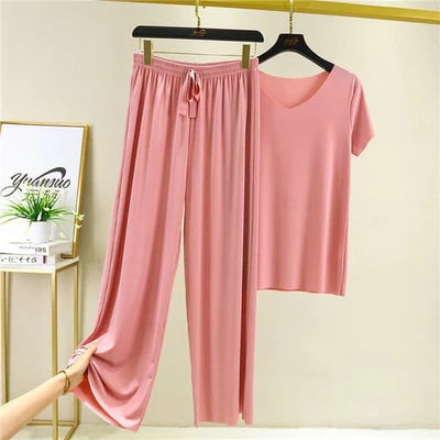 SOFT COMFORTABLE ICE COTTON SHORT SLEEVE T-SHIRT TWO PIECE SET LOOSE WIDE-LEG PANTS