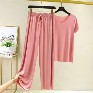 SOFT COMFORTABLE ICE COTTON SHORT SLEEVE T-SHIRT TWO PIECE SET LOOSE WIDE-LEG PANTS