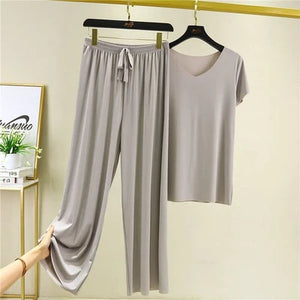 SOFT COMFORTABLE ICE COTTON SHORT SLEEVE T-SHIRT TWO PIECE SET LOOSE WIDE-LEG PANTS