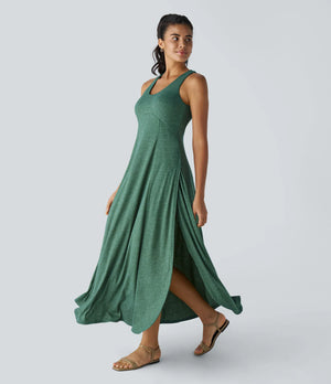 U Neck Backless Split Flowy Maxi Casual Tank Dress