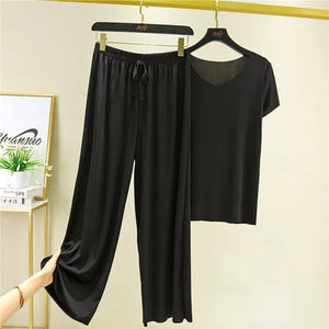 SOFT COMFORTABLE ICE COTTON SHORT SLEEVE T-SHIRT TWO PIECE SET LOOSE WIDE-LEG PANTS