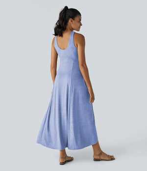 U Neck Backless Split Flowy Maxi Casual Tank Dress