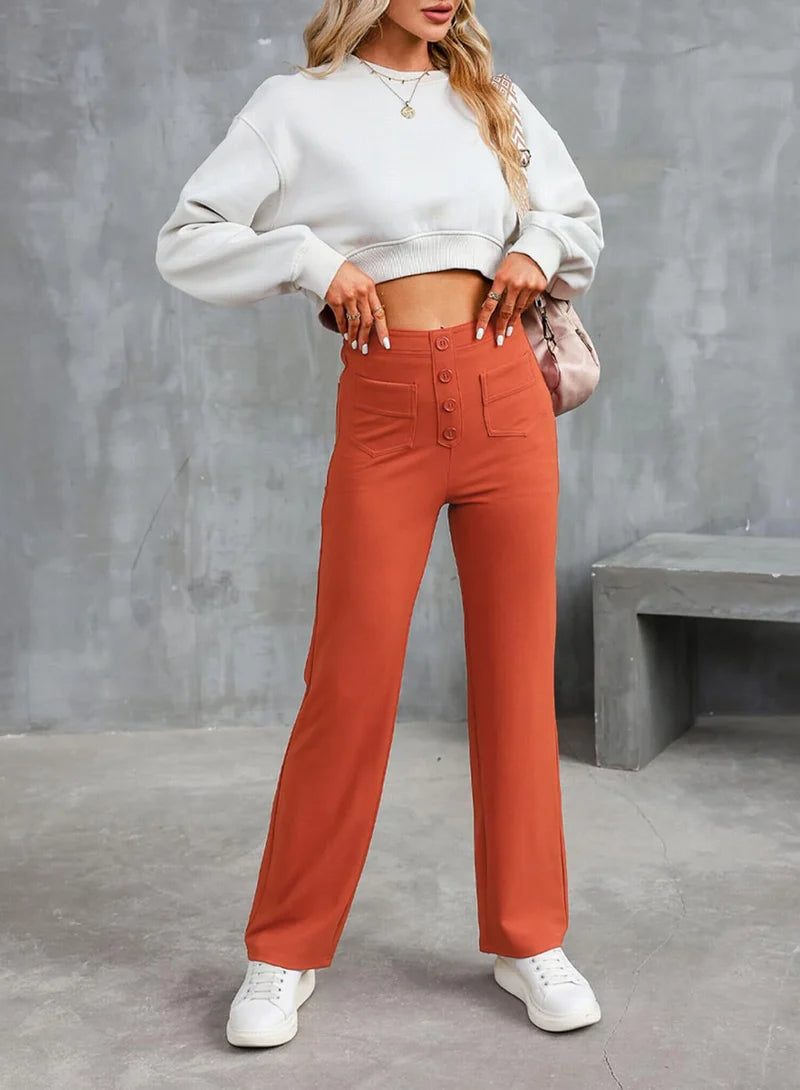 High-waisted Elastic Casual Straight Leg Pants