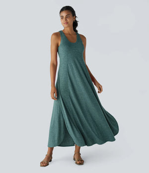U Neck Backless Split Flowy Maxi Casual Tank Dress