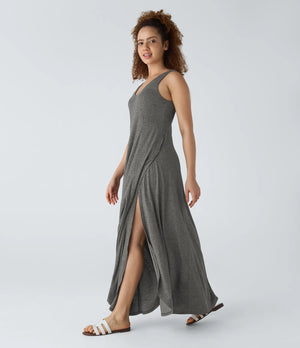 U Neck Backless Split Flowy Maxi Casual Tank Dress