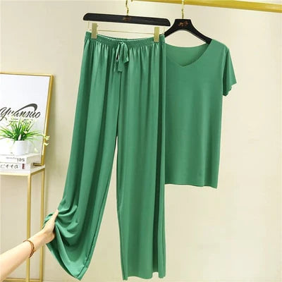 SOFT COMFORTABLE ICE COTTON SHORT SLEEVE T-SHIRT TWO PIECE SET LOOSE WIDE-LEG PANTS