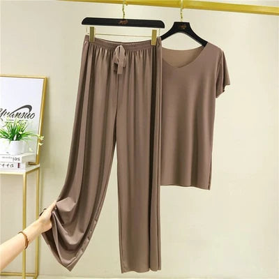 SOFT COMFORTABLE ICE COTTON SHORT SLEEVE T-SHIRT TWO PIECE SET LOOSE WIDE-LEG PANTS