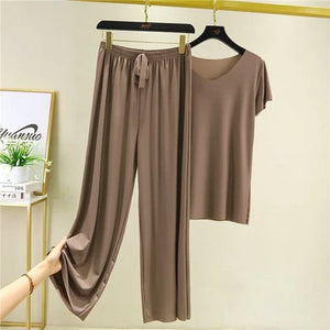 SOFT COMFORTABLE ICE COTTON SHORT SLEEVE T-SHIRT TWO PIECE SET LOOSE WIDE-LEG PANTS