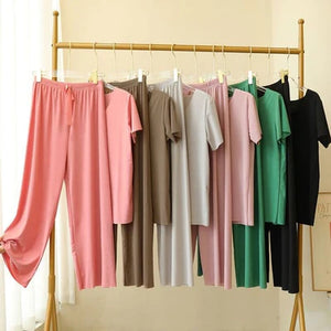 SOFT COMFORTABLE ICE COTTON SHORT SLEEVE T-SHIRT TWO PIECE SET LOOSE WIDE-LEG PANTS