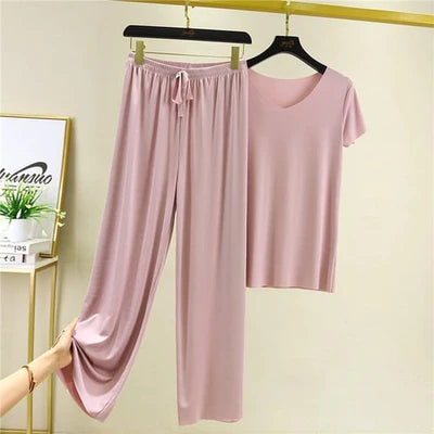 SOFT COMFORTABLE ICE COTTON SHORT SLEEVE T-SHIRT TWO PIECE SET LOOSE WIDE-LEG PANTS