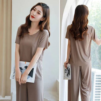 SOFT COMFORTABLE ICE COTTON SHORT SLEEVE T-SHIRT TWO PIECE SET LOOSE WIDE-LEG PANTS