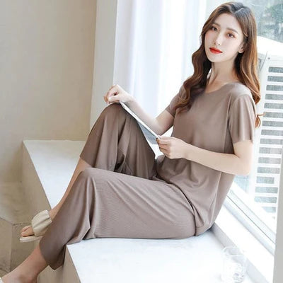 SOFT COMFORTABLE ICE COTTON SHORT SLEEVE T-SHIRT TWO PIECE SET LOOSE WIDE-LEG PANTS